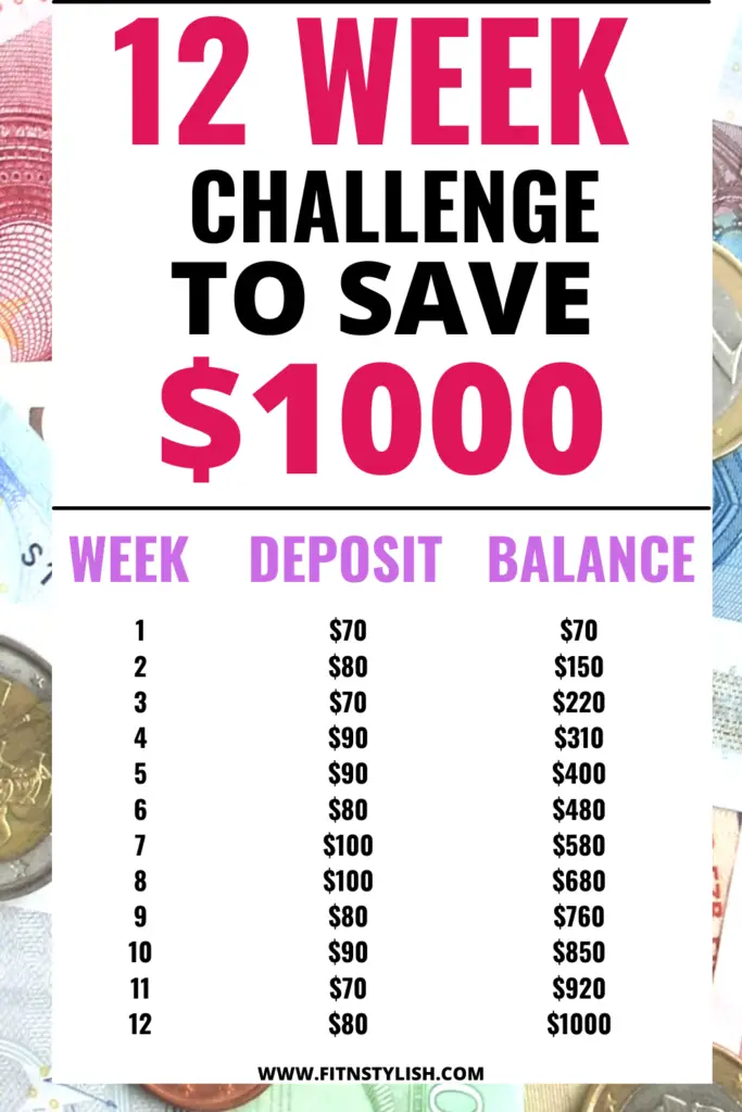 Money saving challenge to save $1000, 12 week saving challenge save $1000